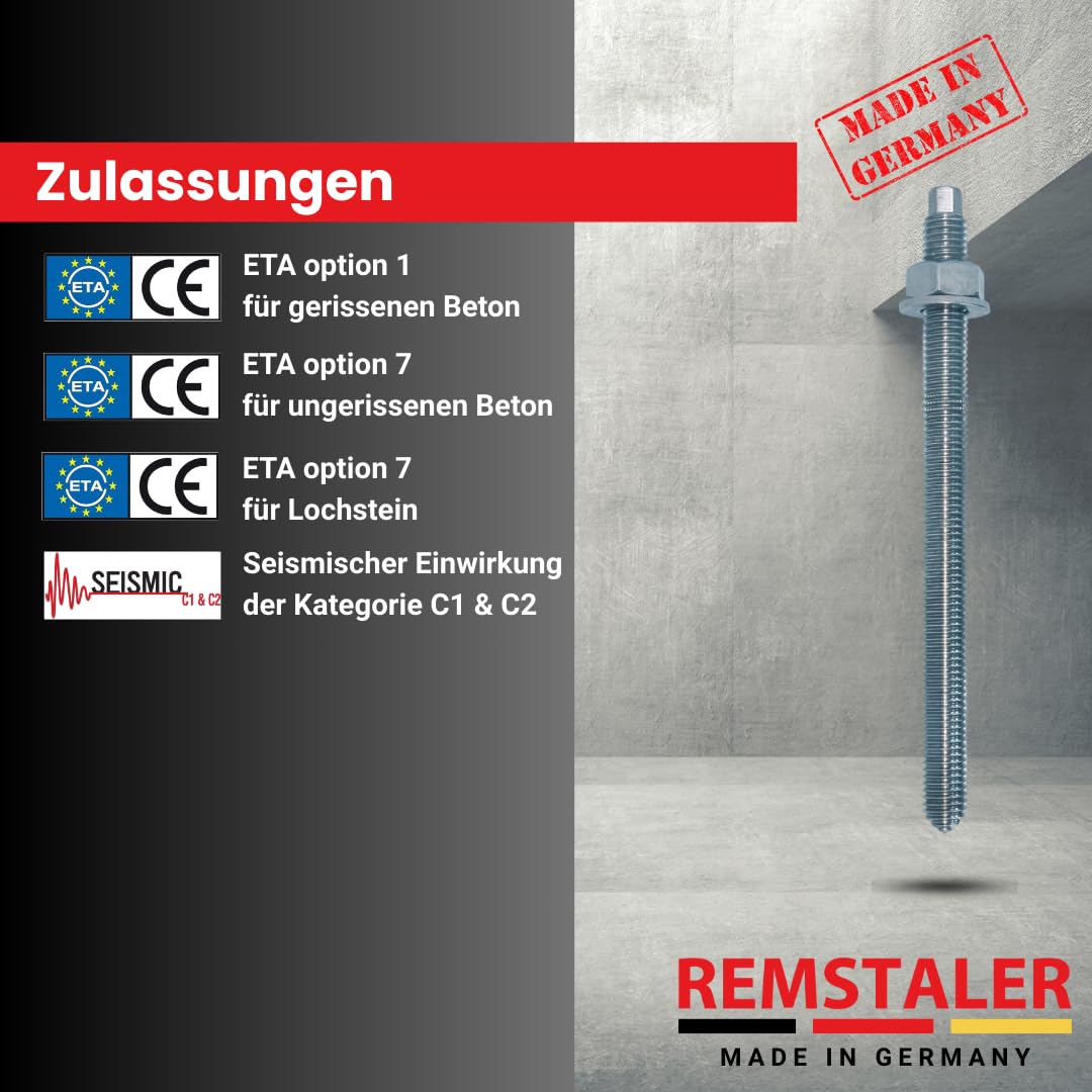 10x Remstaler ANKERSTANGE | M8 M10 M12 M16 M20 | Stahl verzinkt | -HÖCHSTE QUALITÄT- bester Preis (M16x300)