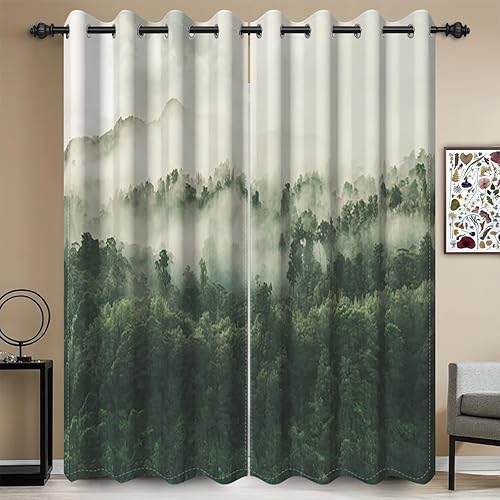 Miniatura 2 de Cortinas opacas de bosque abstracto de 52 x 63 pulgadas, bosque verde, montaña, nubes blancas brumosas, paisaje natural para sala de estar,