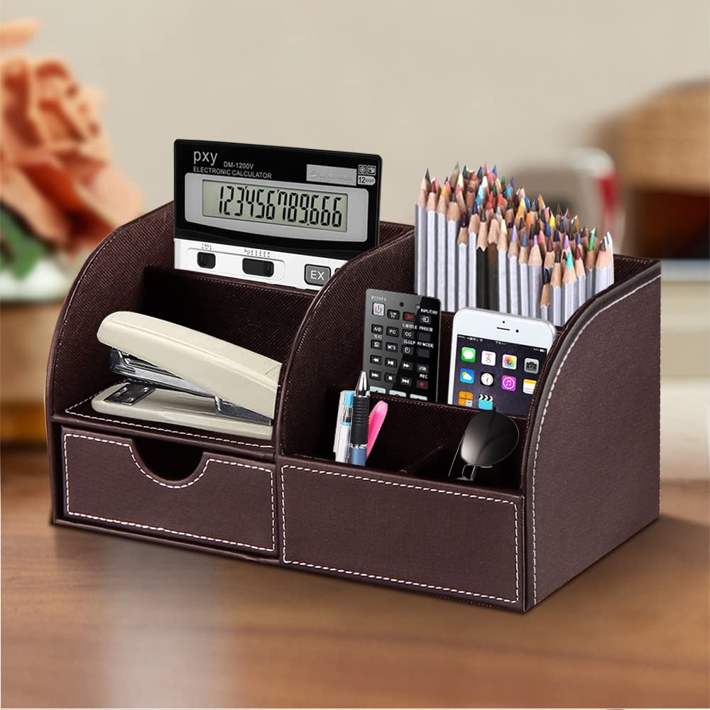 PUSU Büro Schreibtisch Organizer Leder, Multifunktions Schreibtisch Organisator mit Schublade,Stifthalter,Briefablage,Schreibwaren Set,für Visitenkarten, Stifte, Handy, Fernbedienung,Bürobedarf