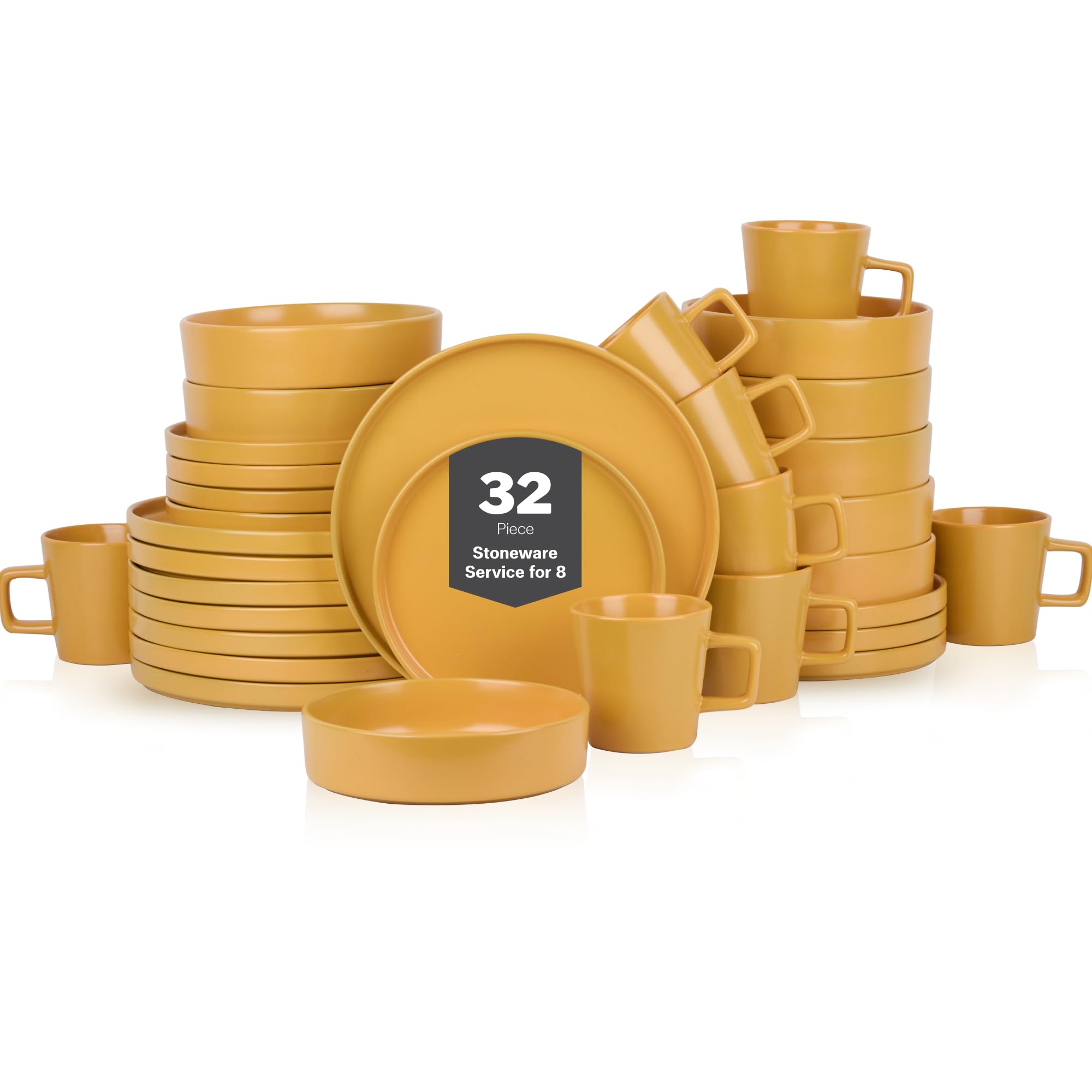 Stone Lain Cleo Modern Stoneware 32-Piece Dinnerware Set, Plates and Bowls Set, Pasta Bowls, Dish Set Service For 8, Yellow
