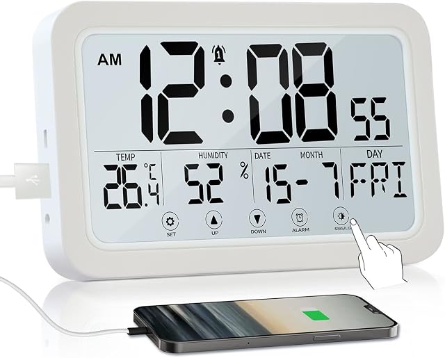 QUIGO Digital Alarm Clock Bedside Clock Digital Wall Clock Desk Clock Battery Powered Bedroom Clock with Backlight Temperature and Humidity
