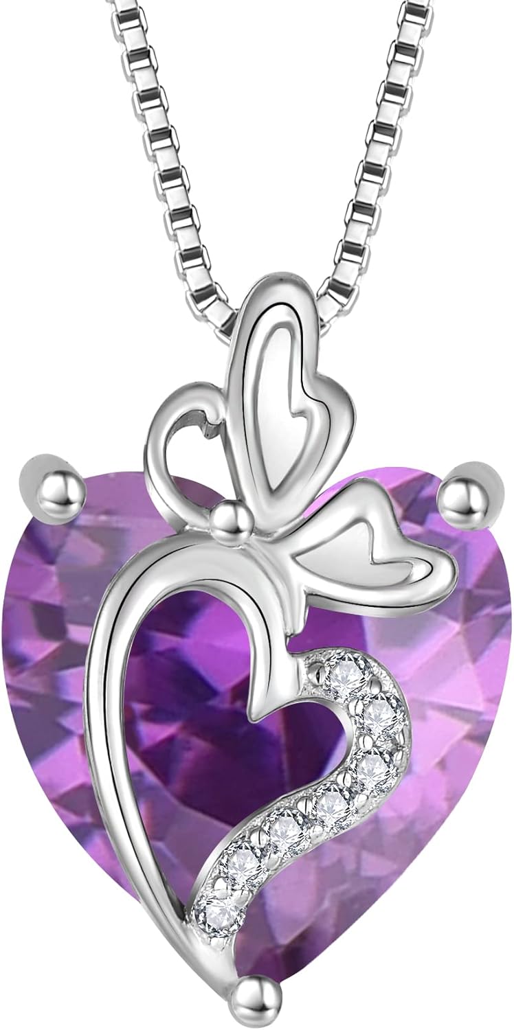 Butterfly Necklace for Women 925 Sterling Silver Birthstone Love Heart Necklace Dainty Jewelry for Women