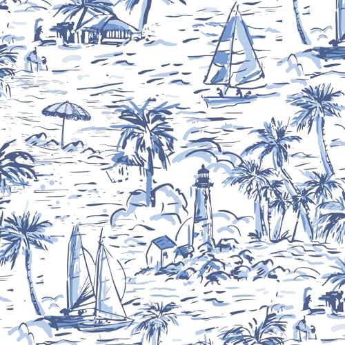 Baolanzw Navy Nautical Peel and Stick Wallpaper Toile Wallpaper for Bathroom French Vintage Contact Paper for Bedroom Walls Backdrop Cabinet Home Decor 17.3x118 (Blue 17.3x118)