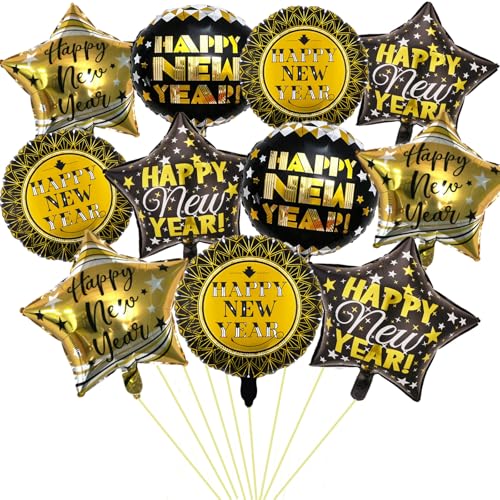 Happy New Years Balloons 12Pcs 18 Inch Black and Gold New Years Foil Balloons for 2026 NYE Party Decorations