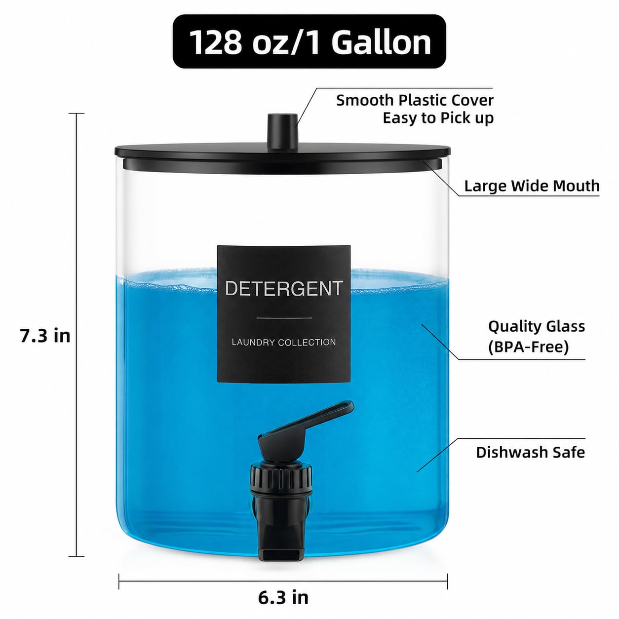 TIPGO Waschmittelspender aus Glas mit Zapfhahn, 3,6 l Flüssigseife und Weichspüler-Behälter, breite Öffnung, Waschmittelhalter mit 6 wasserdichten Etiketten (2 Stück)