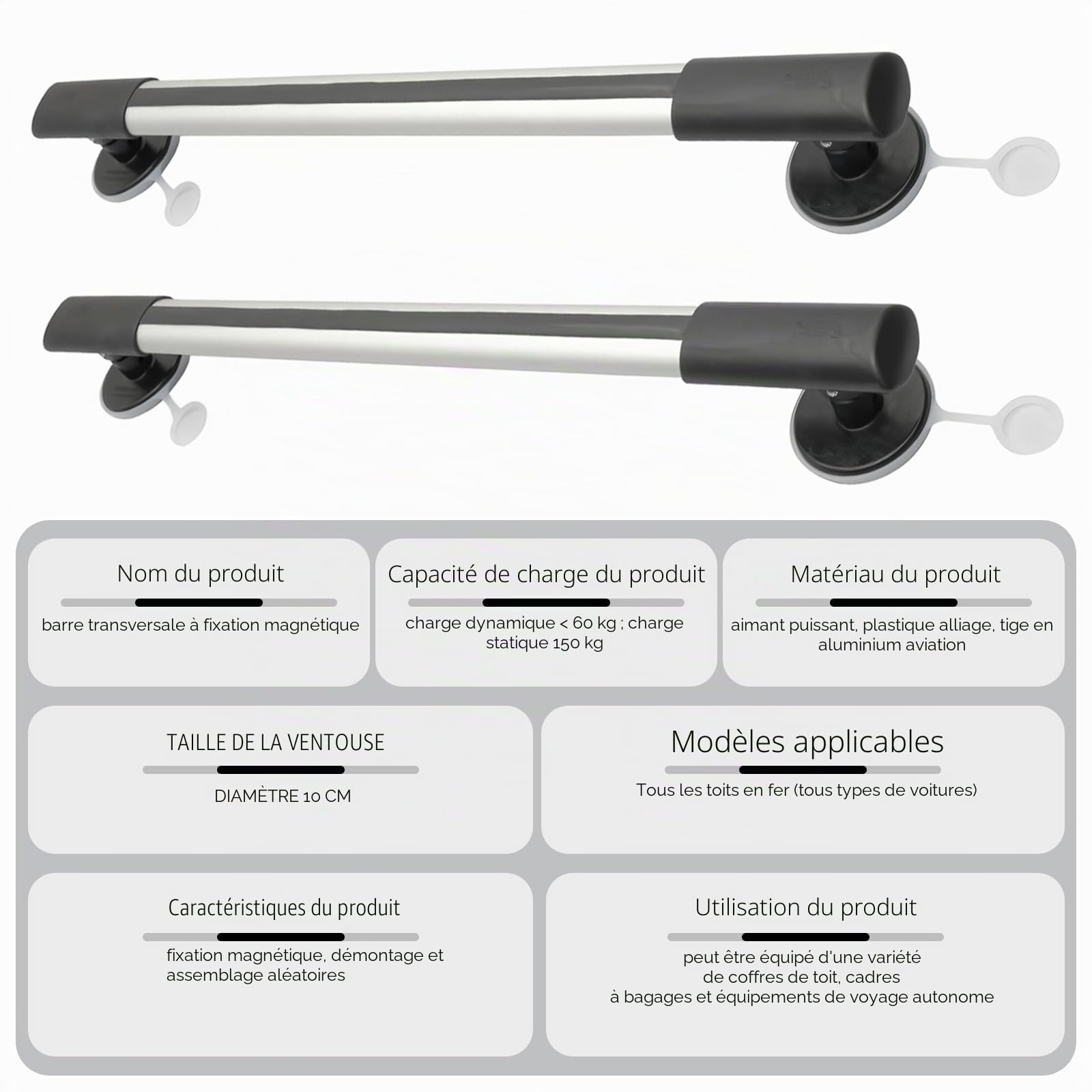 Barres de toit magnétiques avec ventouses - Convient à la plupart des véhicules - Charge maximale : 150 kg - Barres de toit réglables en aluminium - 88 à 103 cm