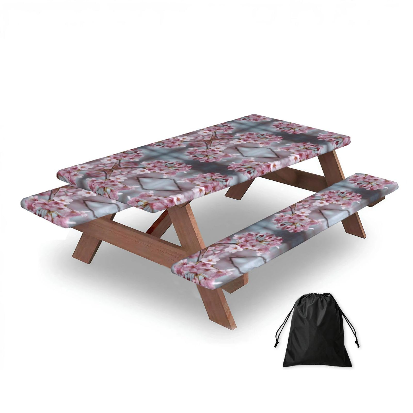 ESNAIUVCD Spring Cherry Blossoms Print Picnic Table Cover With Bench Covers,Camping Essentials,Fitted Tablecloth Cover With Elastic Edge, For Indoor & Outdoor 3 Pcs