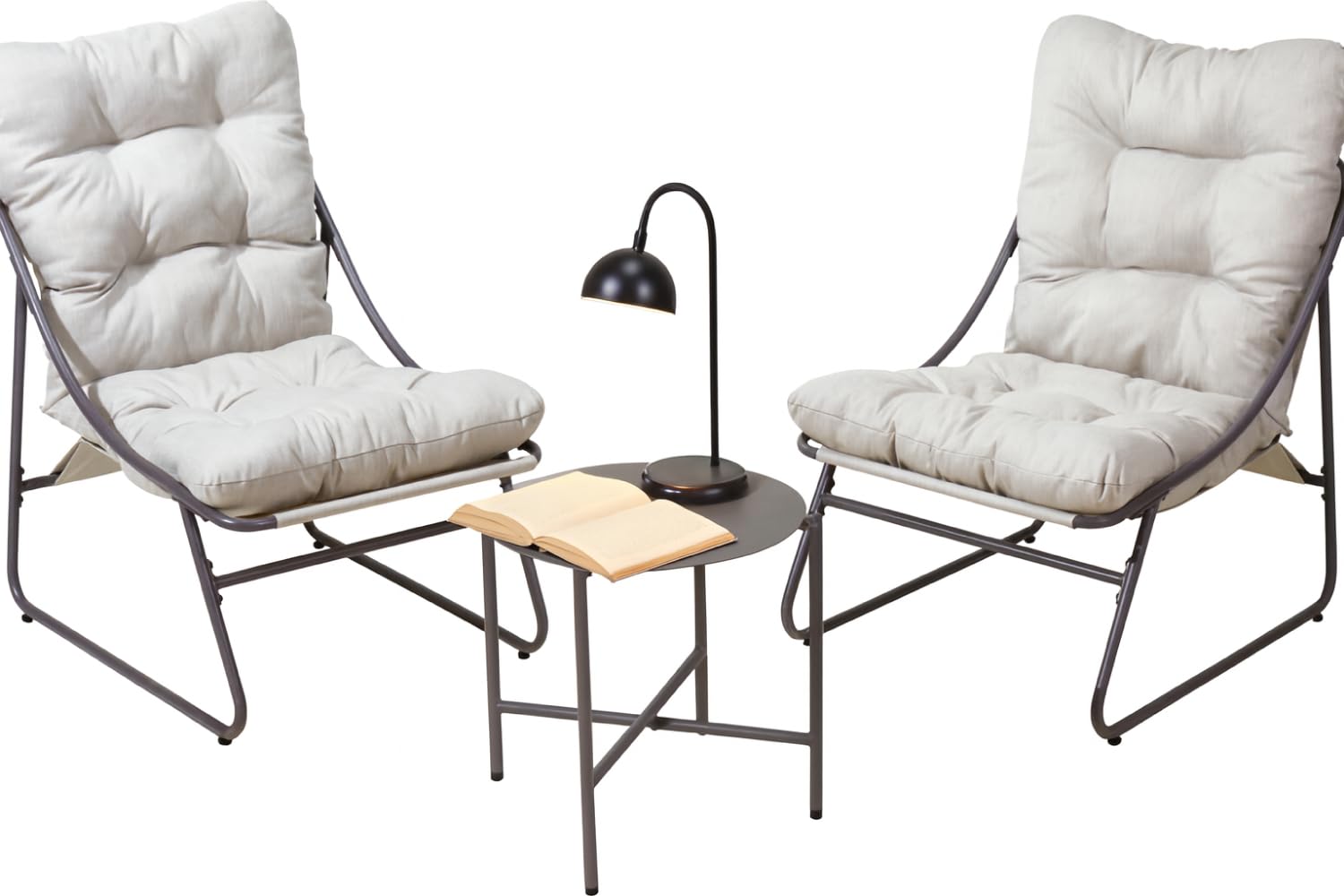 idooka 3 Piece Bistro Set | Includes 2 x Black Garden Chairs, 1 x Black Small Table, 2 x Beige Cushions | Garden Furniture Made of Durable Steel with Weather Resistant Powder Coating