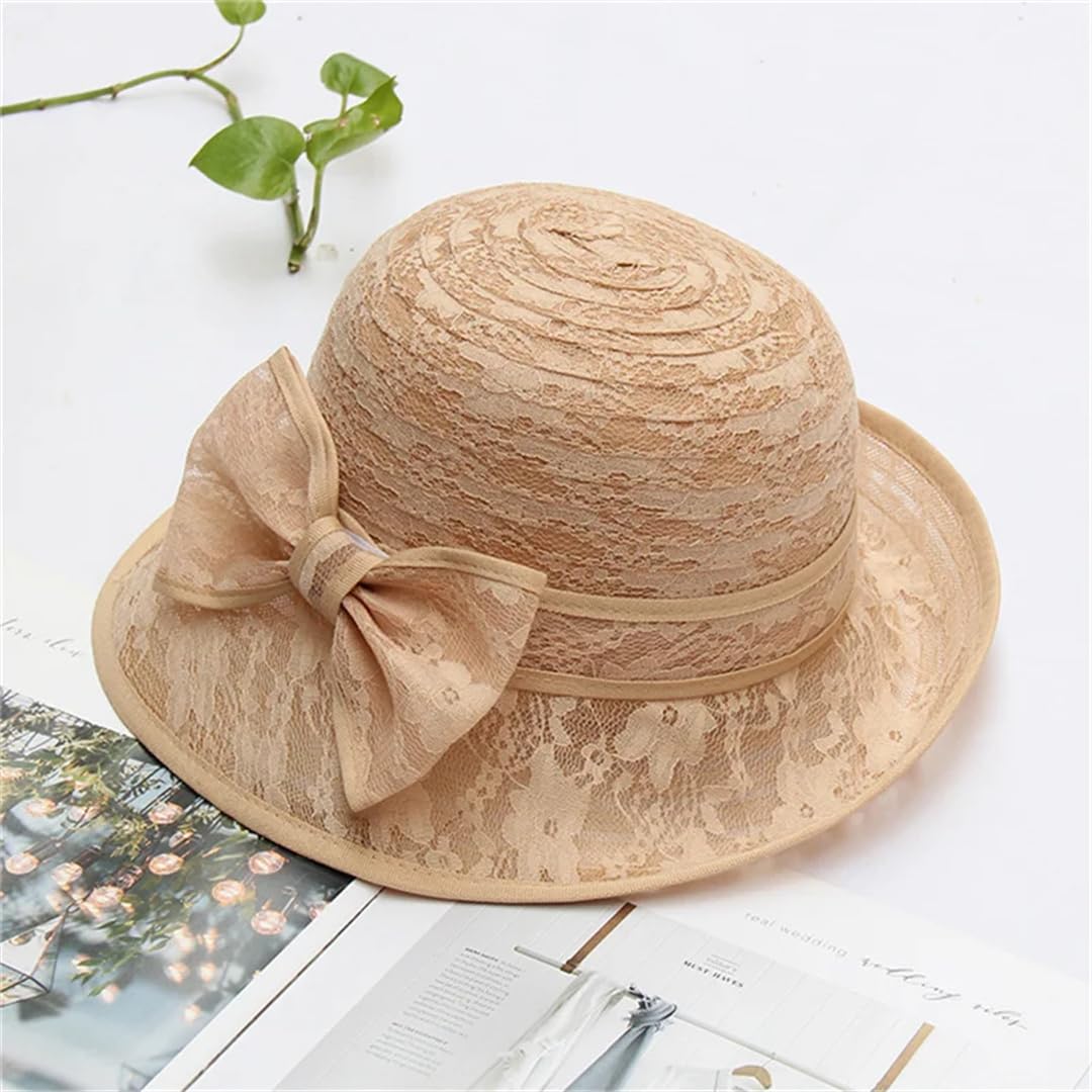 Yeuyyben Cappello da sole estivo da donna, in pizzo, elegante, con fiocco