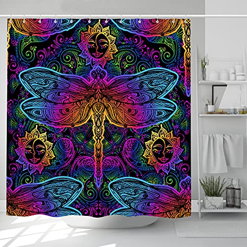 Bohemian Indian Shower Curtain Abstract Colorful Sun Paisley Dragonfly Mandala Ethnic Hippie Print Pattern Bathroom Curtain Set With 12 Hooks 72 X 72 Inch Waterproof Fabric Psychedelic Bath Decor #TOP26