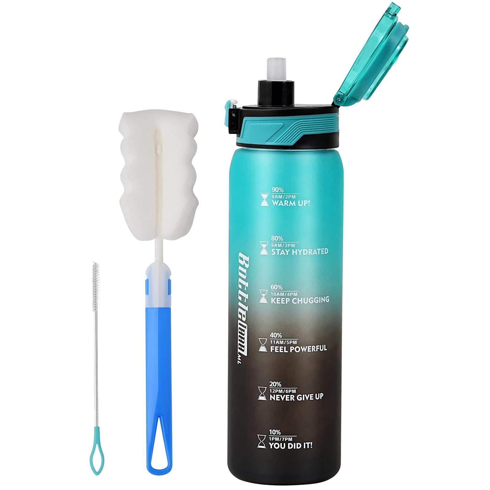YOUNGCLUE 1L Water Bottle with Straw,Sports Drinks Bottle Leakproof,1 Litre Water Bottles with Time Markings BPA Free,Adults Water Bottles for Gym,Office, Travel,Cycling (Cyan Black) โ image 1
