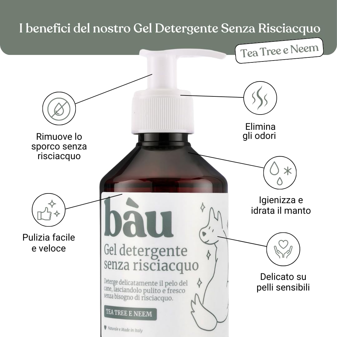 Bau Cosmesi Gel Detergente Senza Risciacquo, Shampoo Secco per Cani, Igienizzante e Idratante - Senza Parabeni e Siliconi, Naturale e Bio con Aloe Vera - Dermatologico, 250 ml