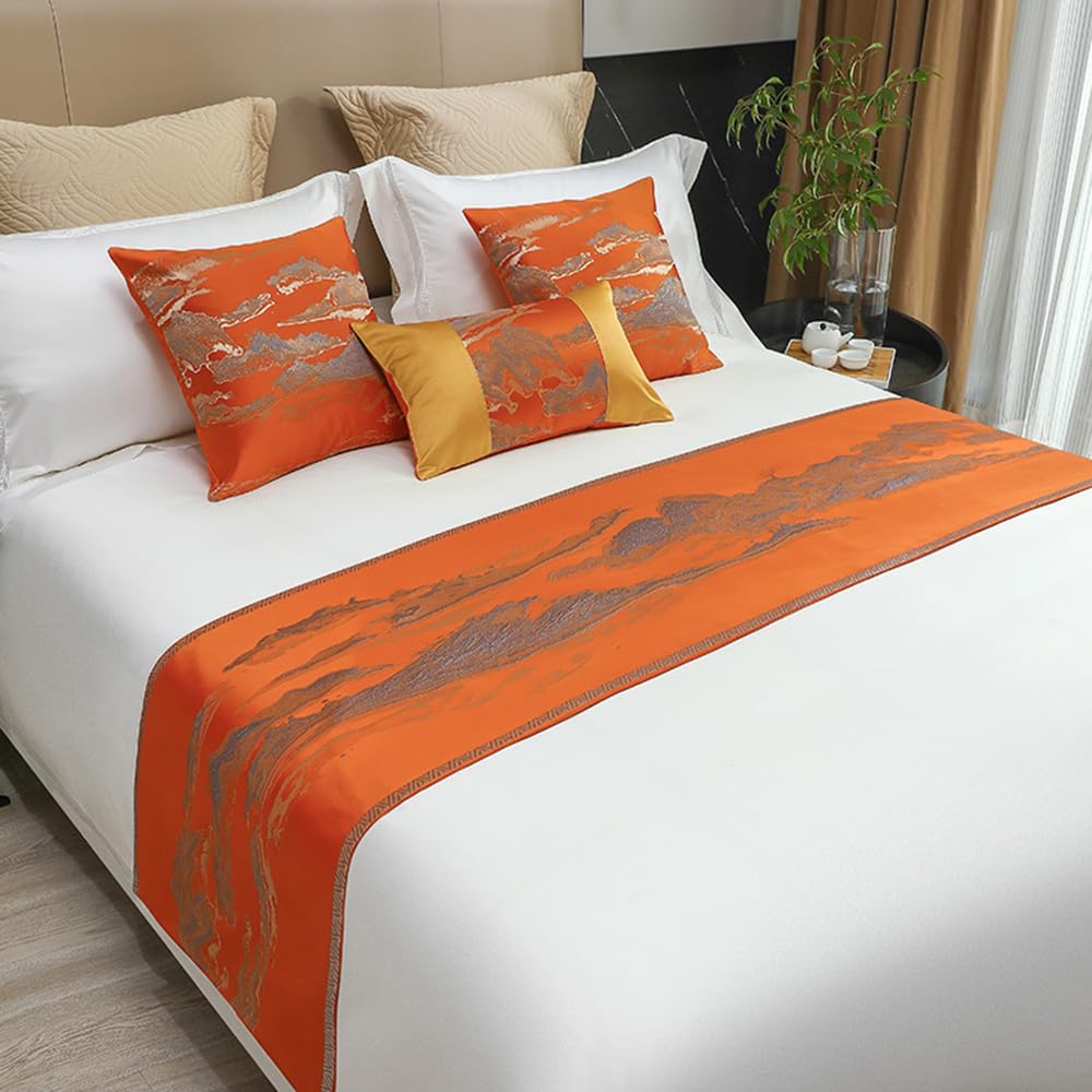 QRGMKL New Bed Runner Simple Chinoiserie Bed Scarf Jacquard Fabric Bed Runners and Matching Cushions Soft No Fading Bedspread for Bedroom and Hotel-Orange||240X45cm for 1.8m Bed
