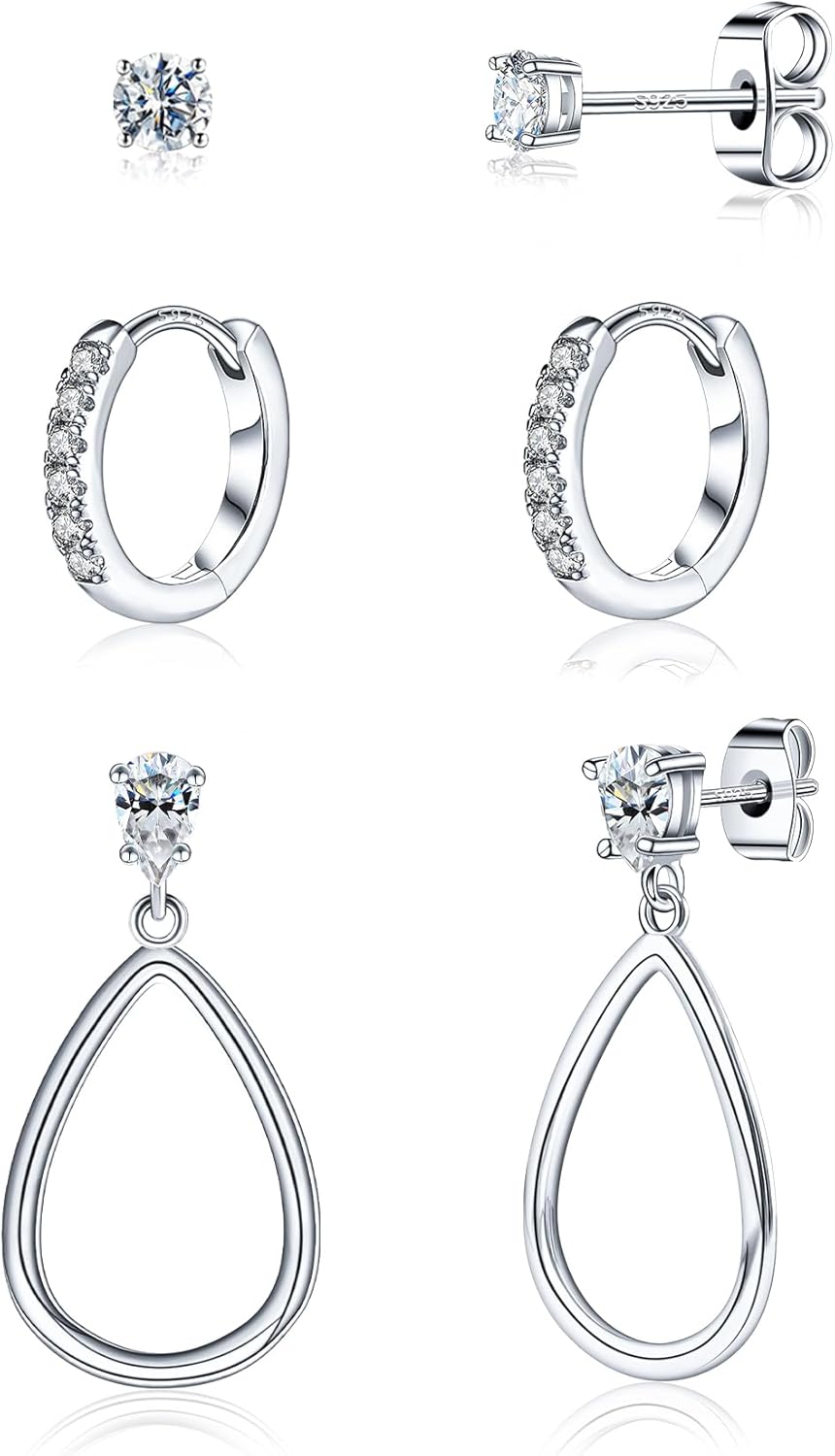 3 Pairs Moissanite 925 Sterling Silver Earrings Set for Women, 18K White Gold Plated Hypoallergenic Small Trendy Earrings