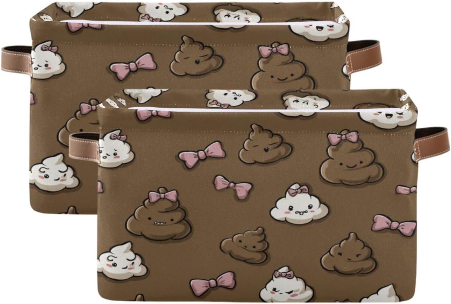 Plaaee Storage Basket Cute Poop and Bows Open Home Organizer Bins Storage Baskets with PU Handles – Collapsible Organizing Box for Closet & Shelf 2pack