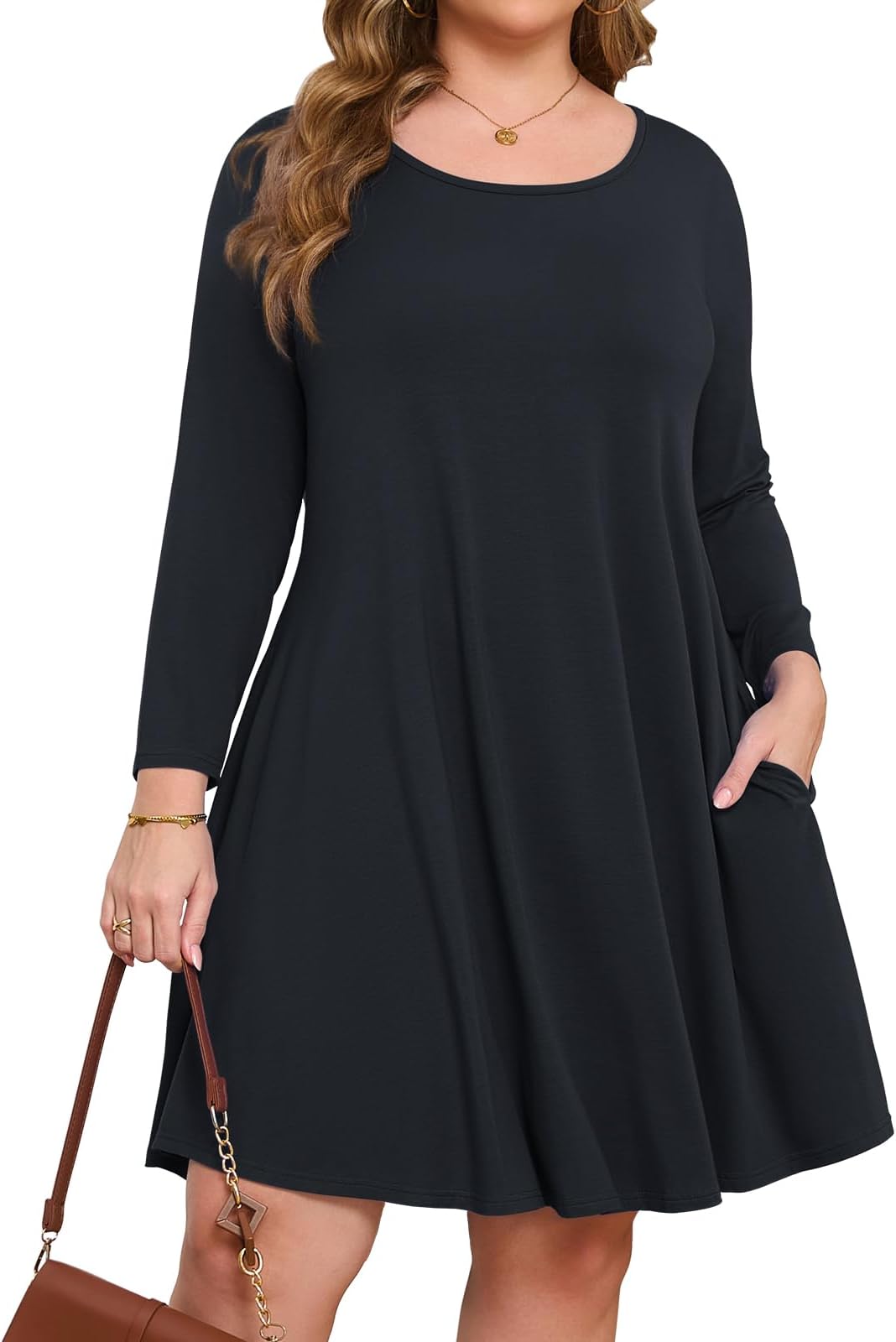 Women Plus Size 3/4 Sleeve Casual Dress Crew Neck with Pockets