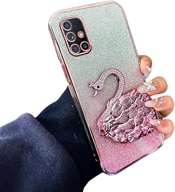 Silicone Cover for Samsung Galaxy M51 Case with Foldable Cute Bling Sparkle Diamond Swan Stand, Luxury Electroplated Soft Bumper Shockproof Protective Shell Compatible with Galaxy M51 Pink