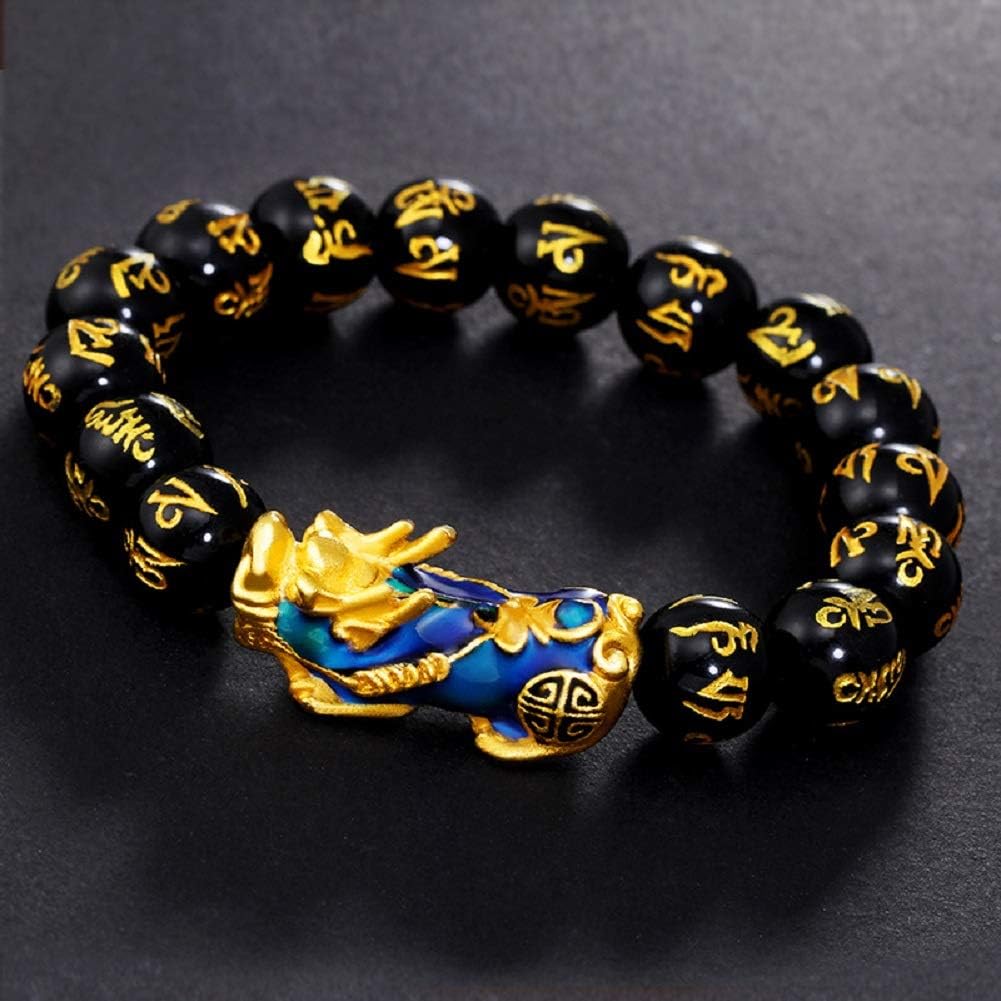 14K Plated 12 mm Feng Shui Men Bracelet Pixiu Piyao Color Change Black Bead Lucky Bracelet Bangle Wristband Women Girl Boy