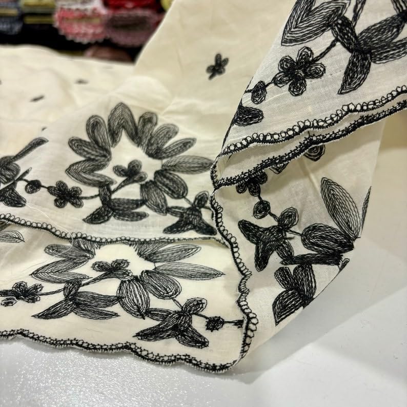 Flower Embroidered 100% Cotton Voile Fabric, Embroidered Fabric by The Yard, Ribbon Embroidered(1.53 Yards -55 inch Width)