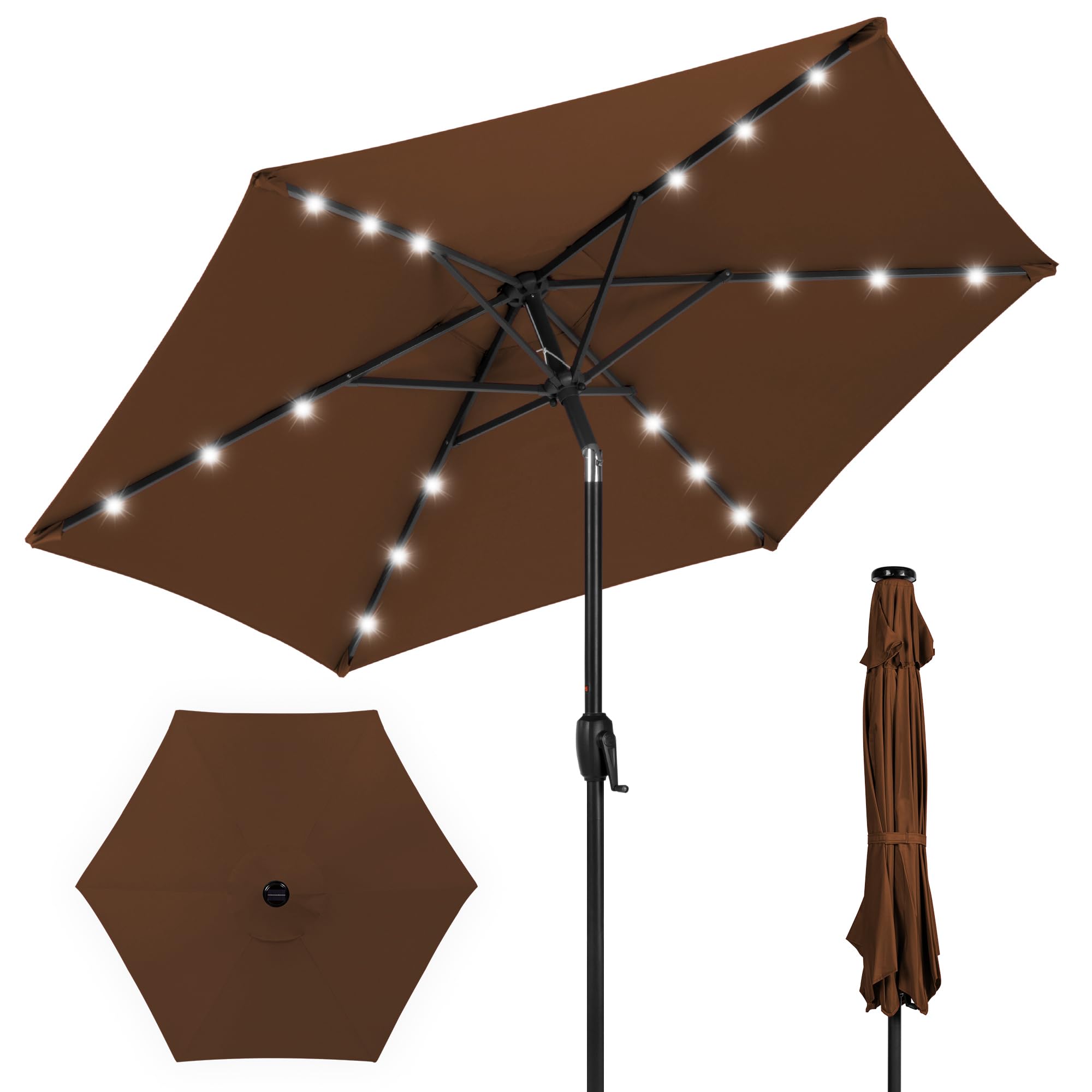 Best Choice Products 7.5ft Outdoor Solar Market Table Patio Umbrella for Deck, Pool w/Tilt, Crank, LED Lights - Brown