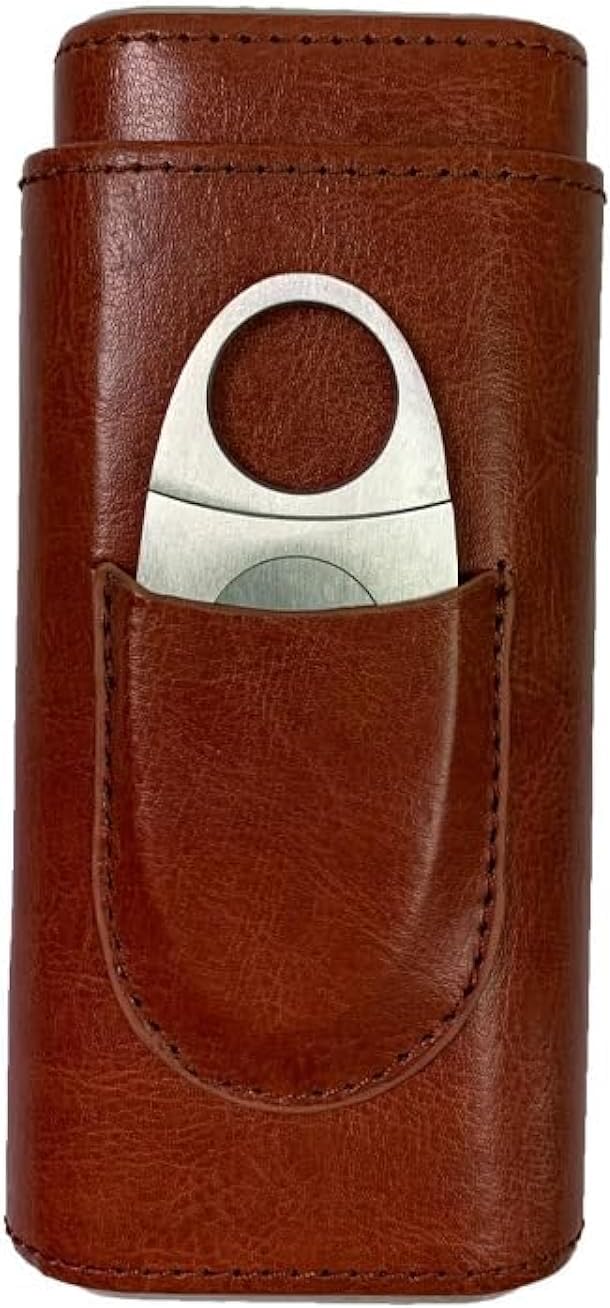 OYSTERBOY Premium 3-Finger Genuine Leather Cedar Wood Lined Humidor Cigar Case with Stainless Steel Cutter for Travel Birthday Anniversary Retirement Weddings Bachelor Parties (Brown)