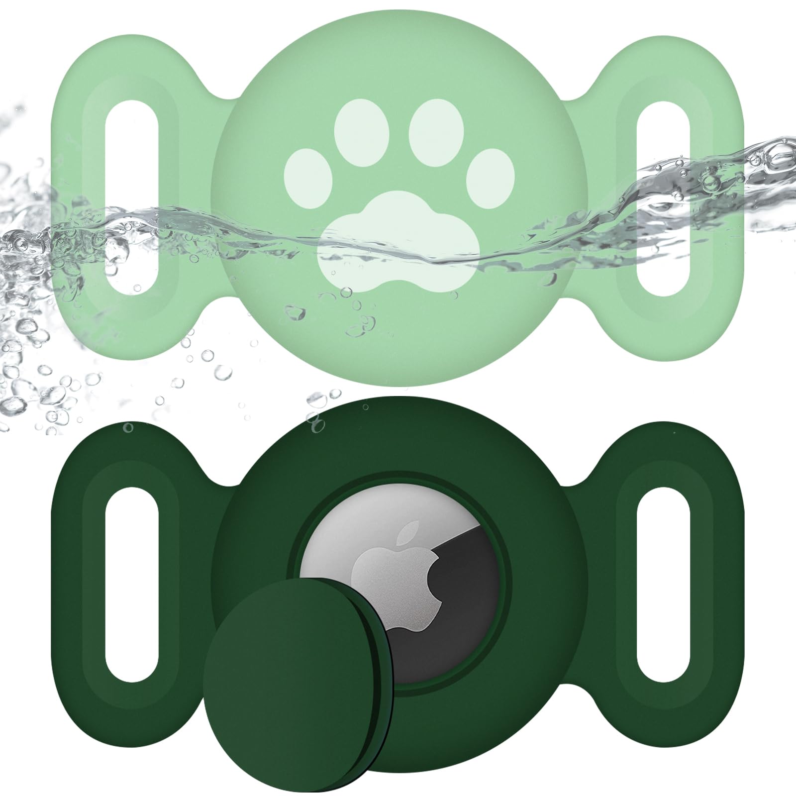 Waterproof Collar Holder Compatible with Airtag (2 Pack), Protective Anti-Lost Case for GPS Tracker, Silicone Collar Holder for Pets (Dark Green/Matcha)
