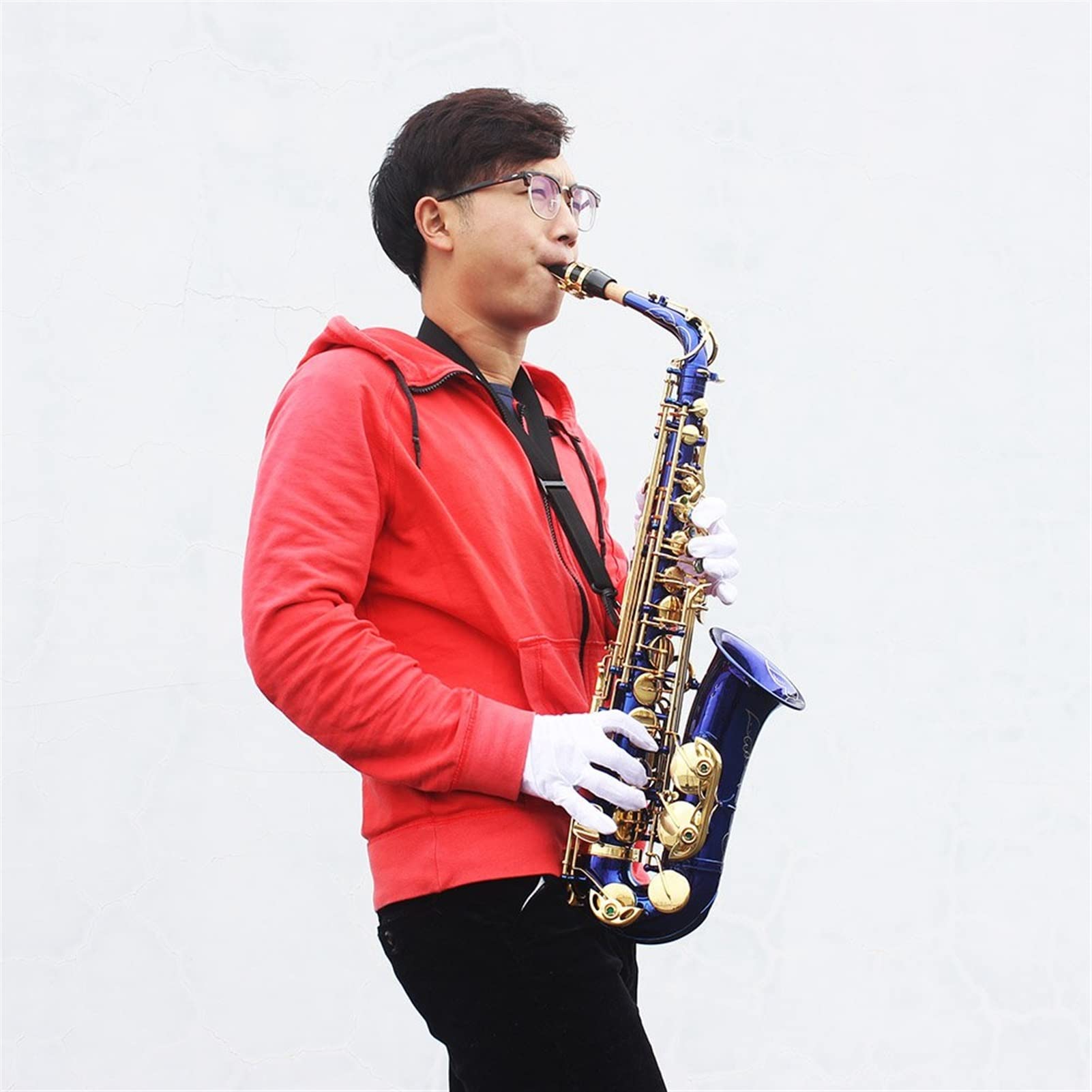 Brass Grabado E- Flat Alto Saxofón Saxe Abalone Botones de cáscara Instrumento de Viento con Guantes de Caja Limpieza de paños Cepillo de cinturón Saxofón Estudiante (Color : Blue)