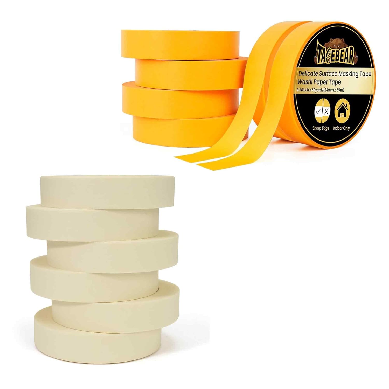 TAPEBEAR Beige White Masking Tape 1" x 60 Yards x 6Rolls + Orange Delicate Surface Advanced Washi Masking Tape 0.94" x 60Yard x 6Rolls