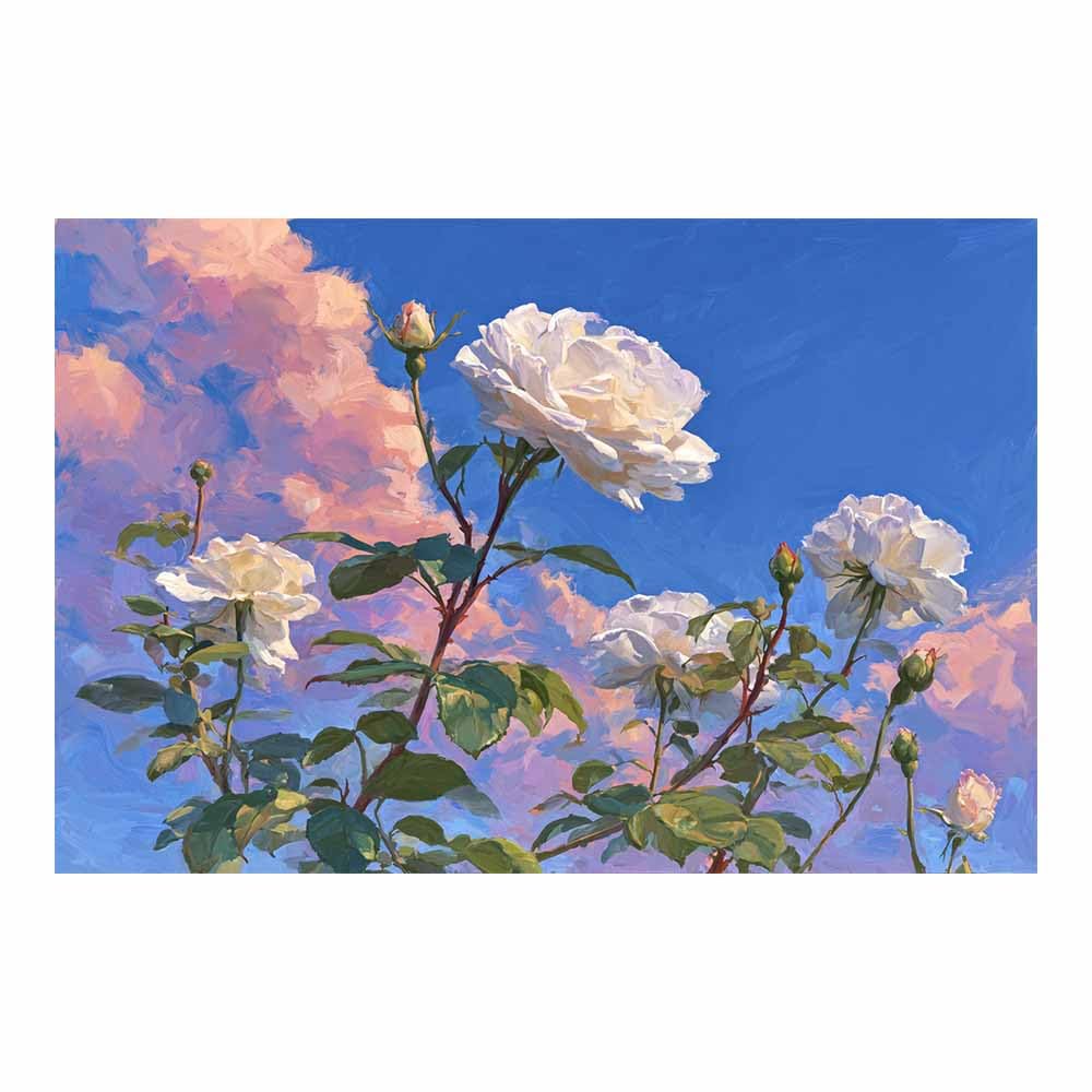 Hoqiu Multicolor Flowers Wall Canvas White Ros Sky Views Artwork, Wall Decoration Living Room Bedroom Hallway Stairs Decoration.(Multicolor)-60X80cm Unframed