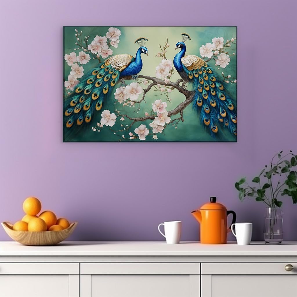 Canvas for Living room. Peacocks in Paradise: Nature's Symmetry Among Blossoming Branches, 27 x 18 inch Canvas Wall Art - Ready to Hang - 69x46 cm (27x18 inch)