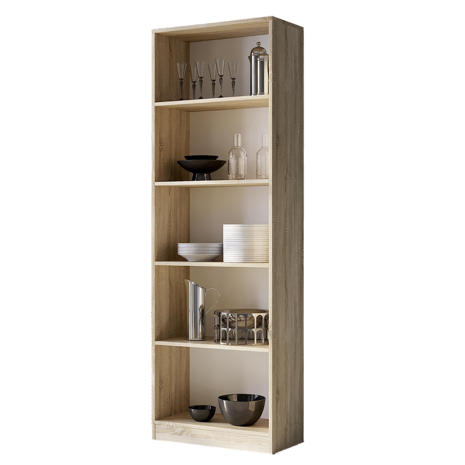WHATSIZE ENTERPRISE 5 Tier Bookcase Sonoma, Tall Freestanding Book Shelf for Living Room, Study and Bedroom, Wooden Shelving Unit Book Case (60cm L x 30cm W x 182cm H)