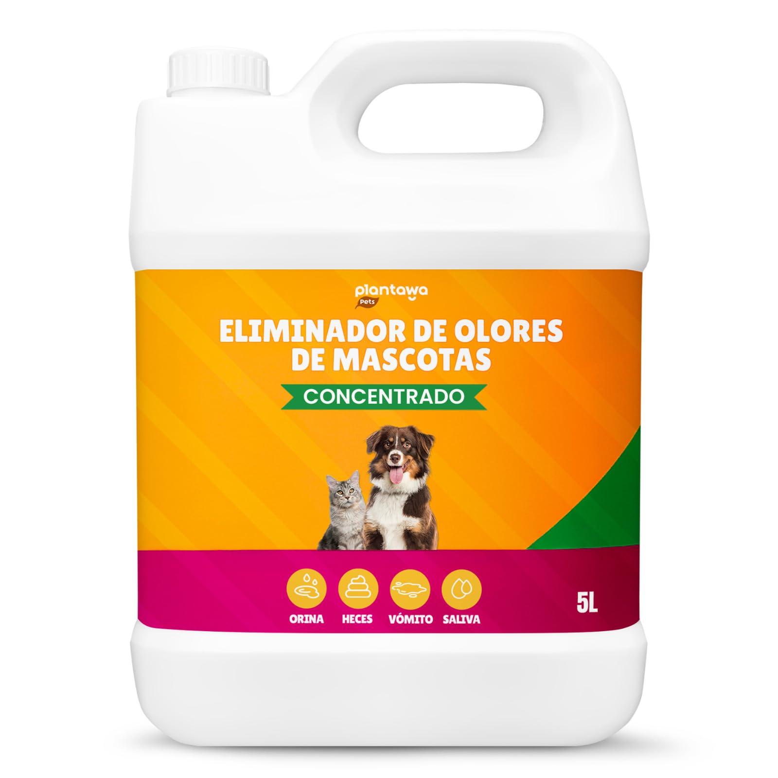PLANTAWA Eliminador de Olores de Mascotas Concentrado 5L | Limpiador enzimático para orina perros y gatos | Neutralizador de olores hogar, alfombras, sofás y coche | Fórmula eficaz y segura