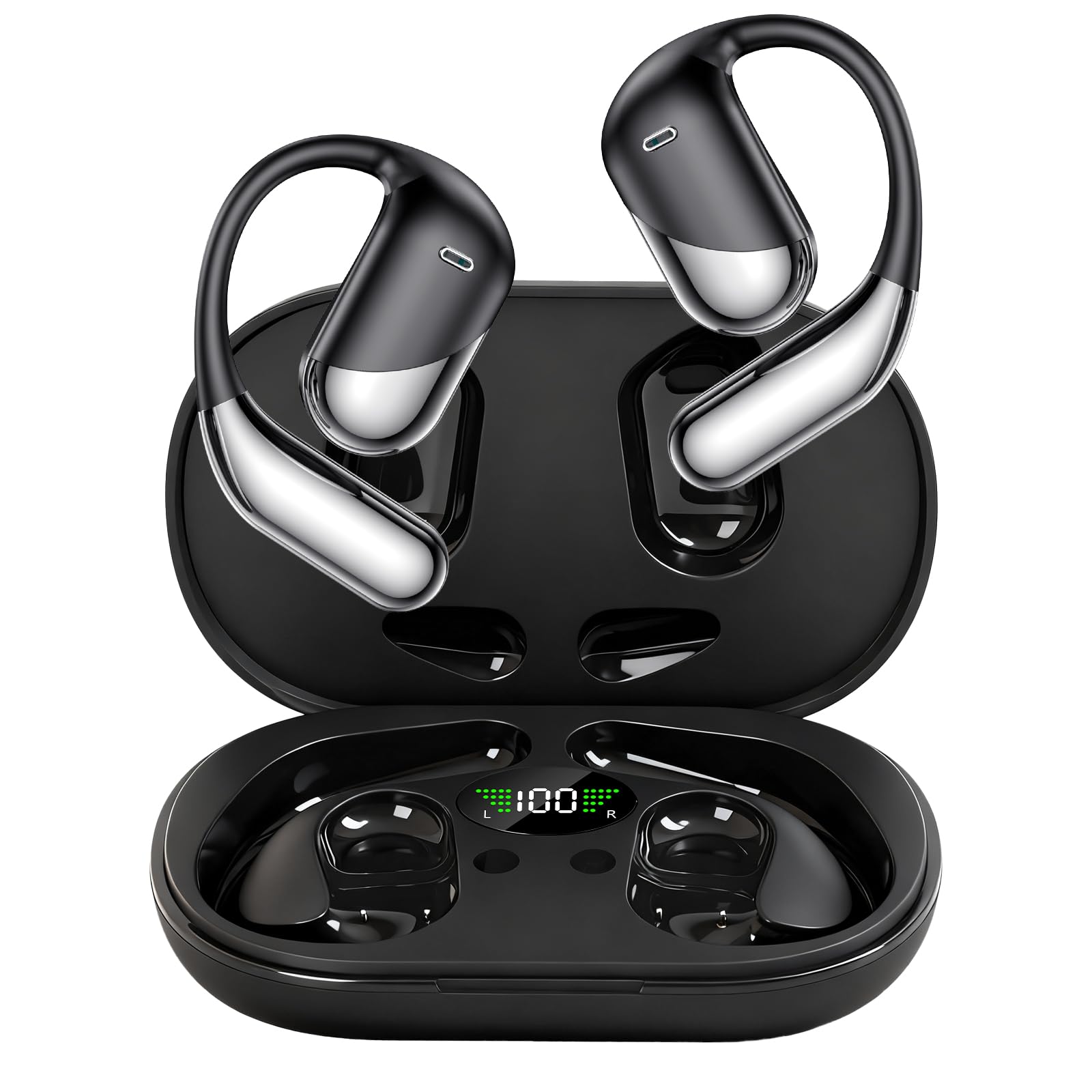 Open Ear Clip Wireless Earbuds Bone Conduction Headphones,Built-in Mic,LED Display Over Ear Hooks Ear Buds Ultra-Comfort Earphones Bluetooth Design for Running,Fitness,Office,Workout-image-35