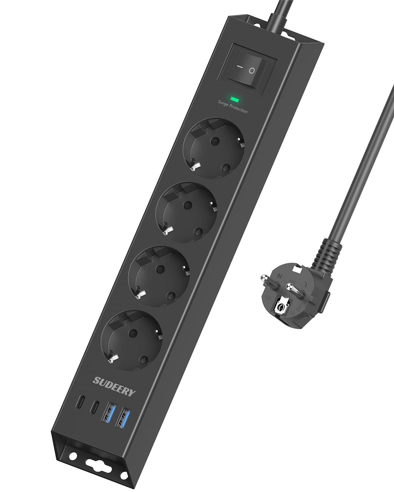 Listwa zasilająca z 4 gniazdami z USB C, listwa zasilająca 8 w 1, montaż ścienny, z przełącznikiem i kablem 2 m, z zabezpieczeniem przed przepięciem, do biura, kuchni (czarna)