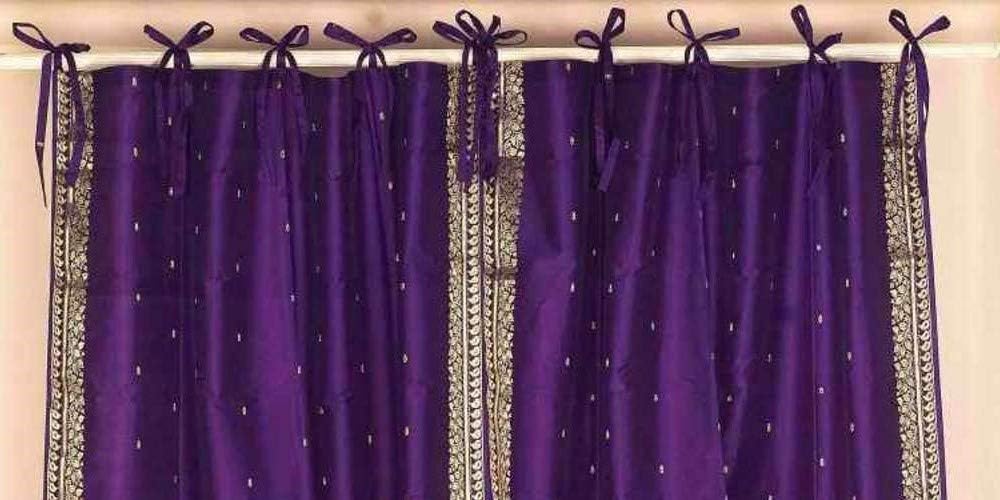 Indian Selections Purple Tie Top Sheer Sari Curtain/Drape/Panel - 43W x 63L - Pair