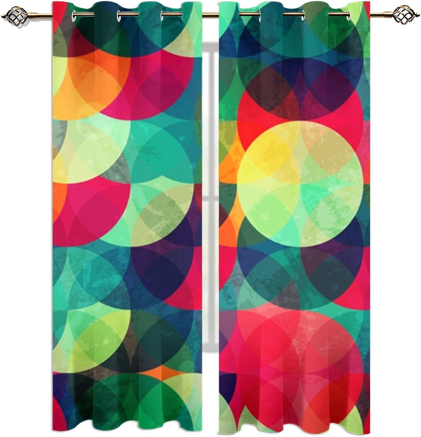 Modern Home Decor Geometry Window Drapes, Red Yellow Blue Round Blackout Curtains, Polyester Thermal Insulated Privacy Eyelet Curtains for Living Room Kitchen Bedroom (63" W x 72" L)