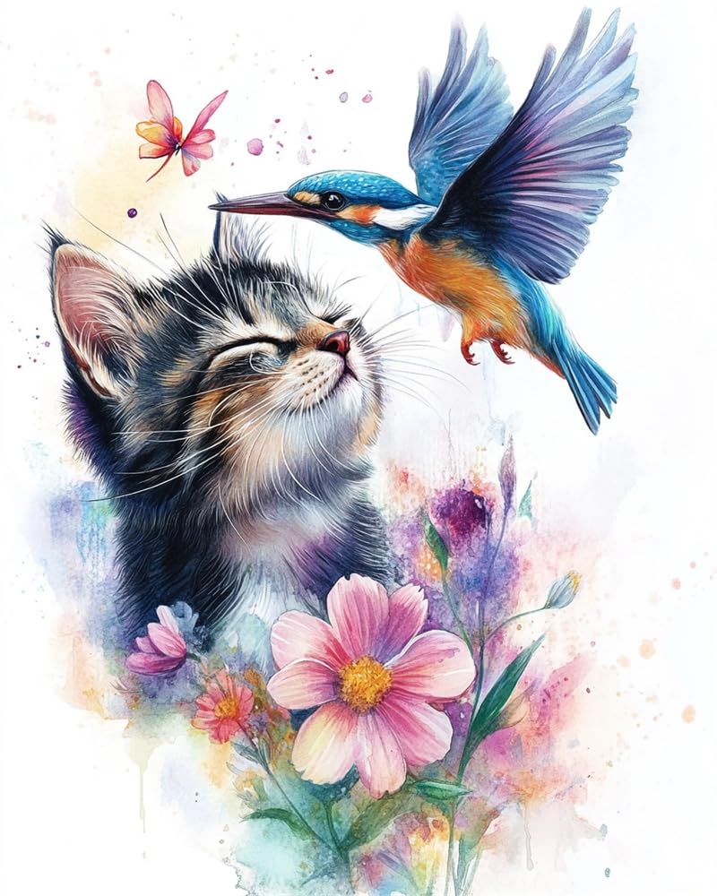 Henypt DIY Cross Stitch Kits for Beginners,Cat and A Kingfisher 11Ct Counted Needlework Kits for Adults,Stamped Cross Stitch Kit with Printed,Hand Embroidery Kits for Home Wall Decor