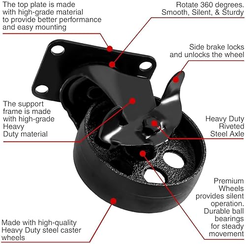 Miniatura 3 de FactorDuty - 4 ruedas giratorias de metal negro con placa giratoria con bloqueo de freno, resistente, de acero de alto calibre (4" con freno)