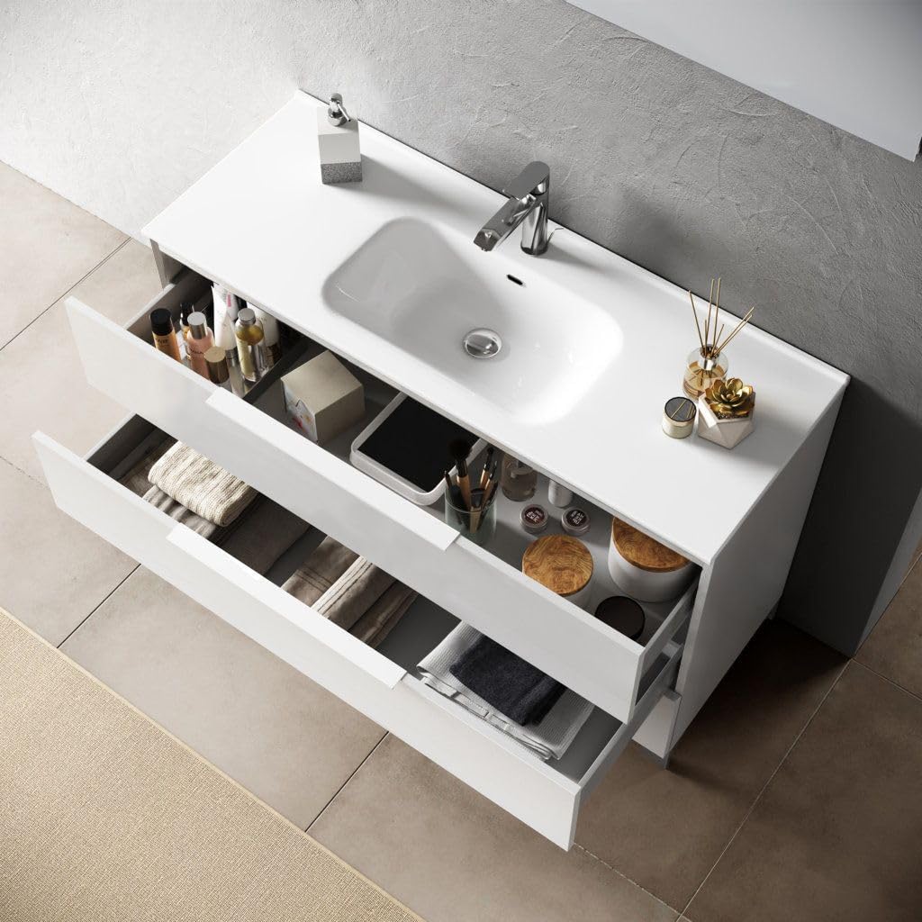 AQA DESIGN accessori casa composizione 4 pezzi bagno, base sospesa in melaminico antigraffio, nr2 cassetti con scorrimento e chiusura soft close, nr1 - Bianco - 81x46,5x190 cm
