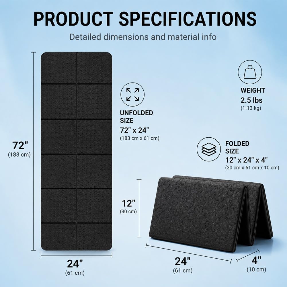Tappetino protettivo pieghevole per attrezzi da fitness, 183 x 61 cm, 0,6 cm, TPE, antiscivolo, ammortizzante, fonoassorbente, protegge pavimenti e attrezzature, ideale per tapis roulant, cyclette