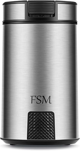 FSM Molinillo de café eléctrico y molinillo de especias con sistema de bloqueo de seguridad, acero inoxidable con tapa transparente y base de