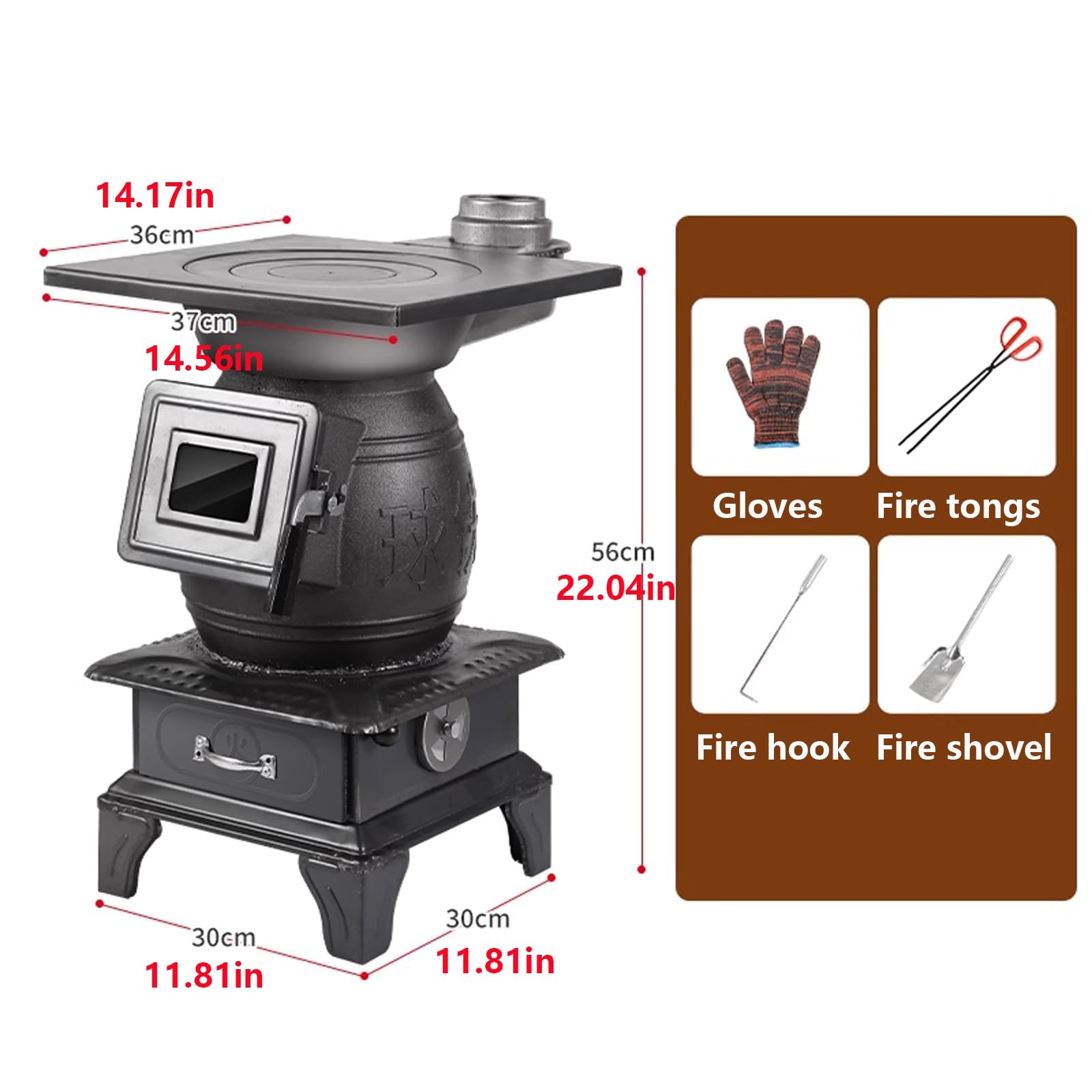 Estufa de leña de hierro fundido con calentamiento rápido, soporte multicombustible, estufa de pellets de interior para calefacción del hogar, cocinar, hervir, cajón de cenizas extraíble