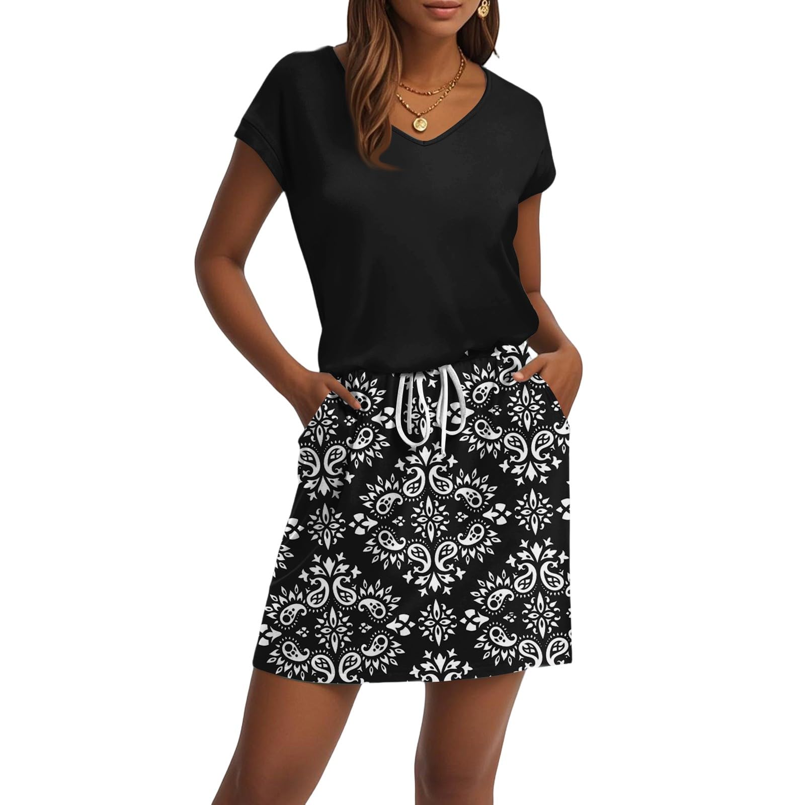 Generisch Sommerkleid Damen Knielang Hohe Taille Kurzarm Strandkleid Leicht V-Ausschnitt Sonnenkleider mit Kordelzug Luftiges Damenkleid Sommer Freizeitkleider mit Taschen