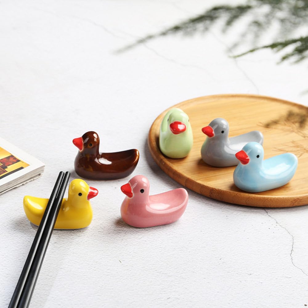 Set 5 Reggiposate A Forma Di Anatra In Ceramica: Poggia Bacchette, Coltello, Forchetta, Cucchiaio - Decorazione Cucina