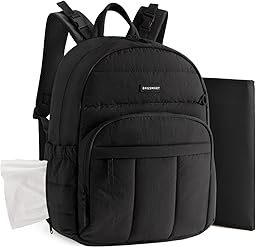 BAGSMART Diaper Bag Backpack, Multi-Pocket Puffy Diaper Bag with Waterproof Changing Pad, Lightweight Stroller-Friendly Diaper Bag with Insulated Pockets, Easy-Access Baby Essential, Black