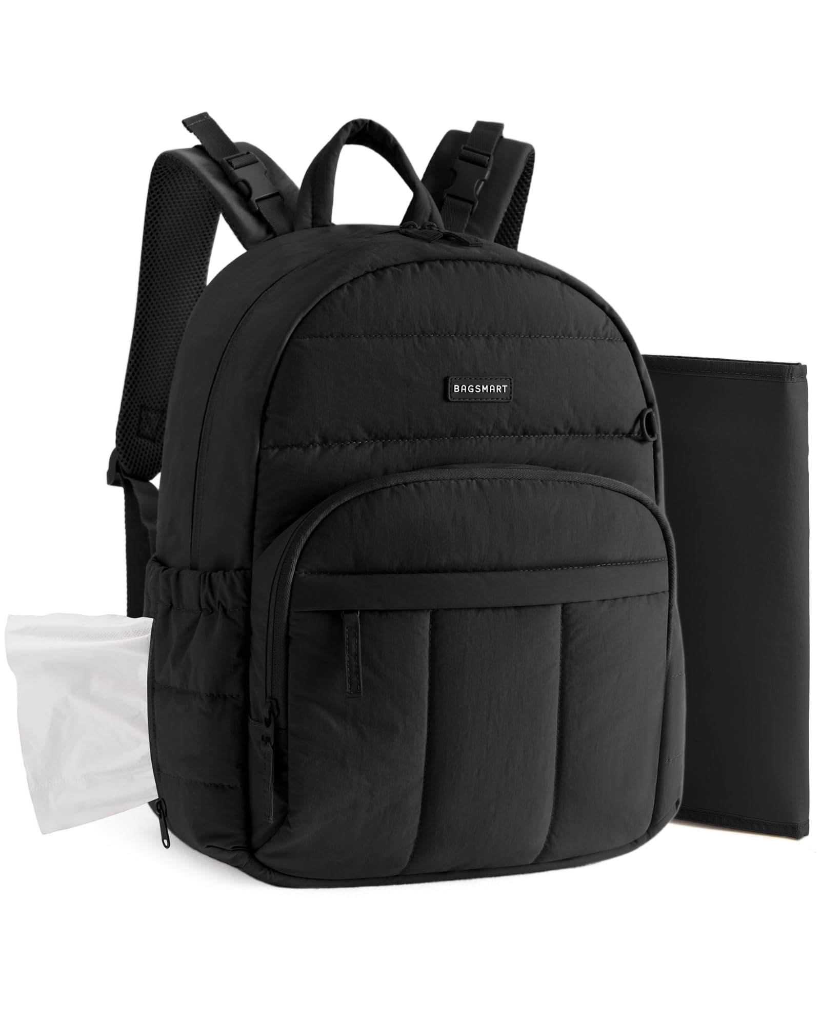 BAGSMART Diaper Bag Backpack, Multi-Pocket Puffy Diaper Bag with Waterproof Changing Pad, Lightweight Stroller-Friendly Diaper Bag with Insulated Pockets, Easy-Access Baby Essential, Black