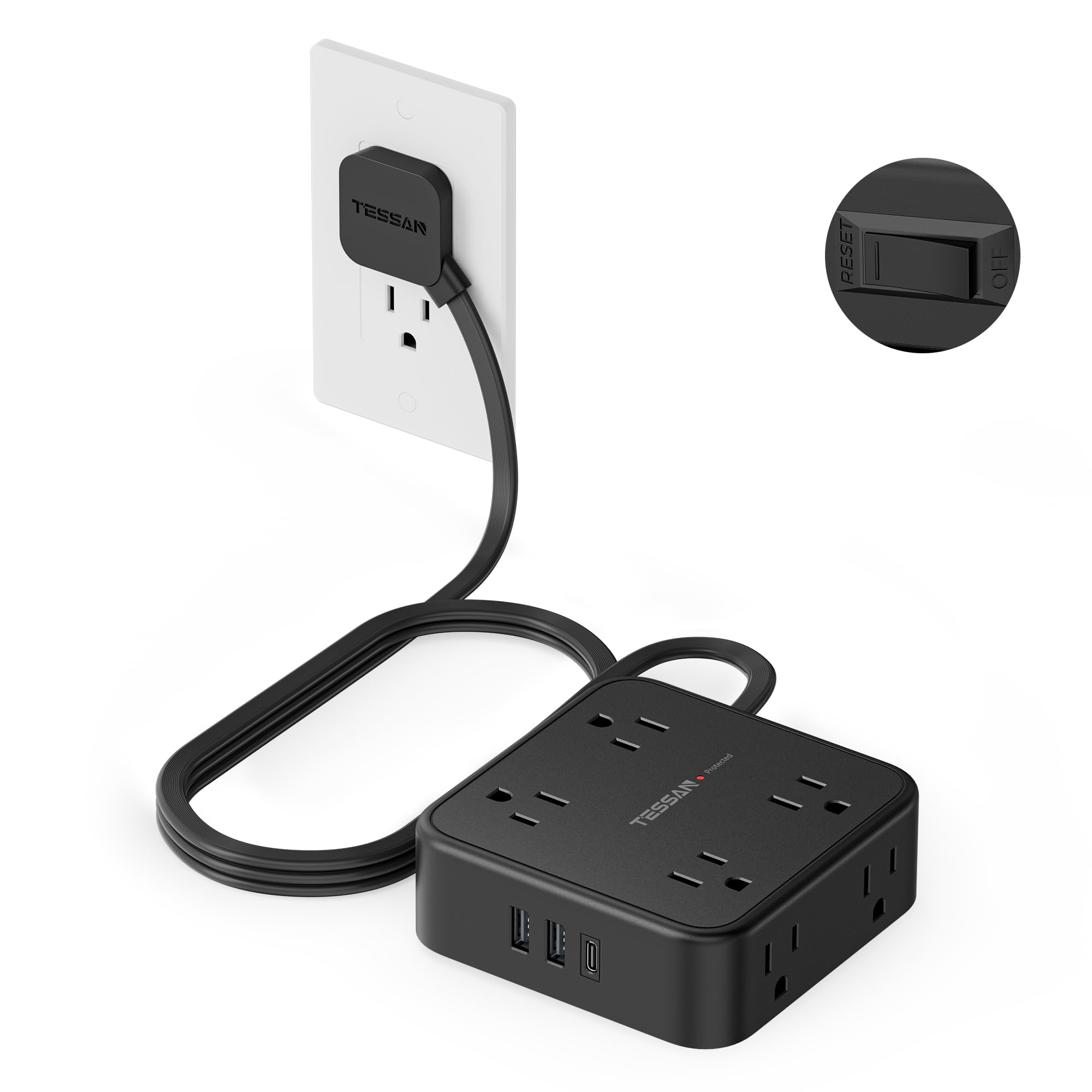 TESSAN Surge Protector Power Strip Black, 5 Ft Flat Plug Extension Cord with 3 USB (1 USB C) 8 Outlets, 900J Surge Protection, 3 Sided Outlet Extender with Power Switch for Office, Dorm Room