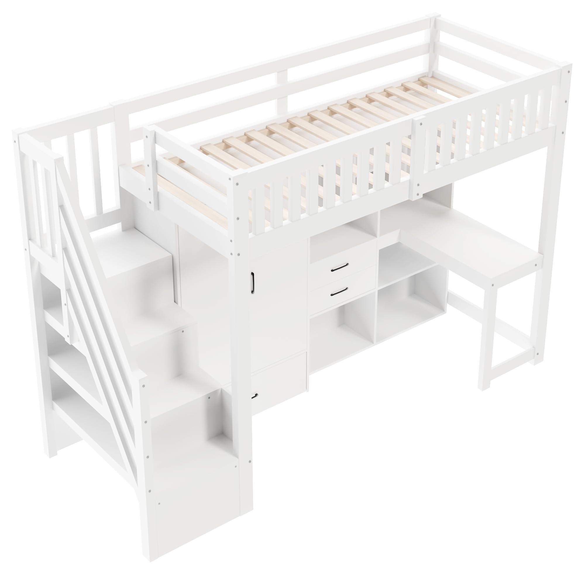 Cama alta de 90 x 200 cm, de madera, con escalera, armario, escritorio, cama juvenil con cajones, compartimentos de almacenamiento, sin colchón