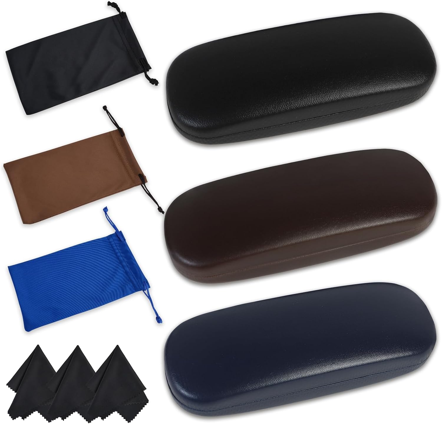 3pcs Glasses Case Hard Shell, Eyeglasses Case with 3 Cleaning Cloth Drawstring Pouch, Sunglasses Case for Women Men