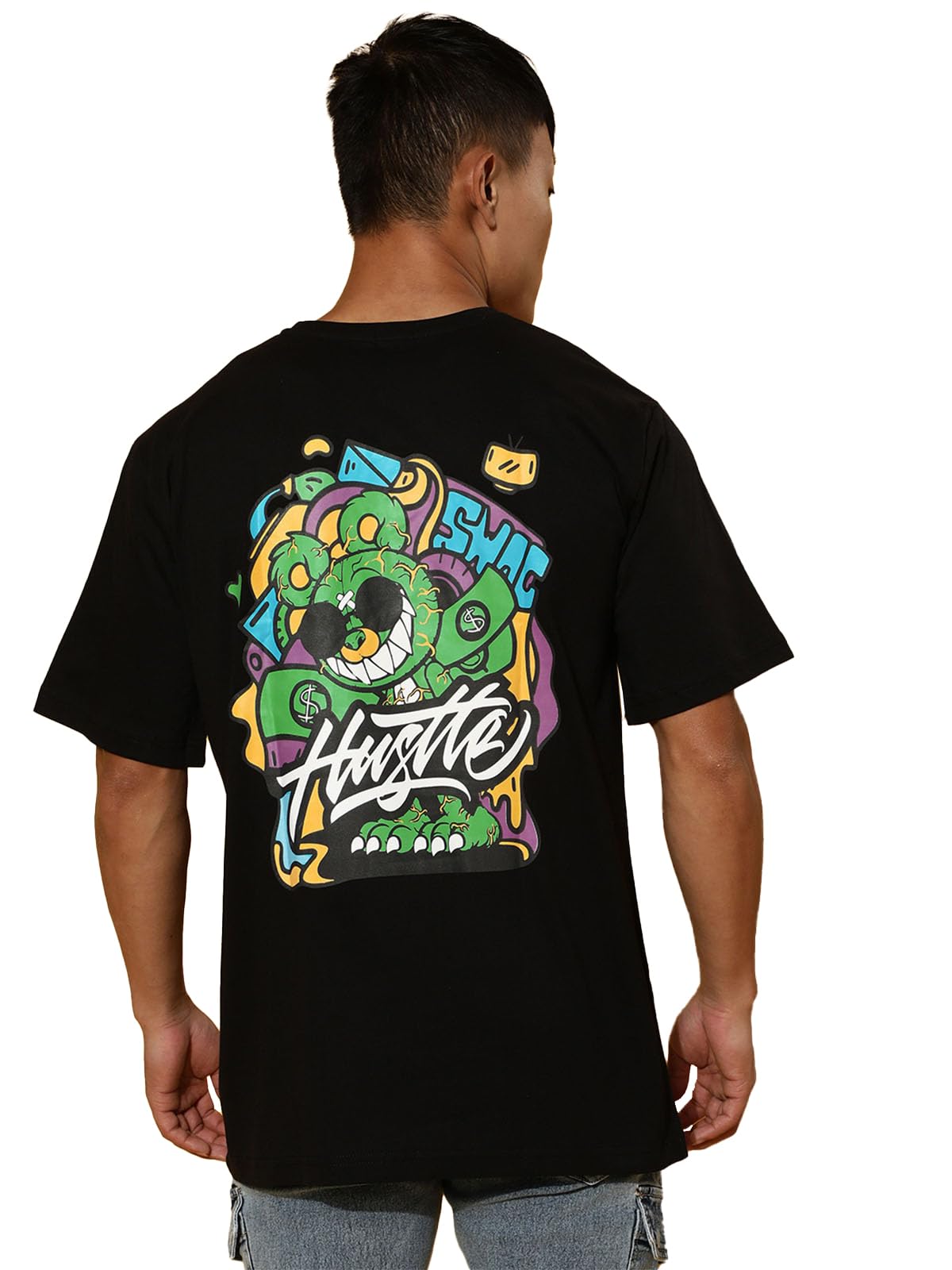 VeirdoUnleash Your Inner Hustler with Oversized Fit Pure Cotton Round Neck Graphical Back Printed T-Shirt for Men & Boys